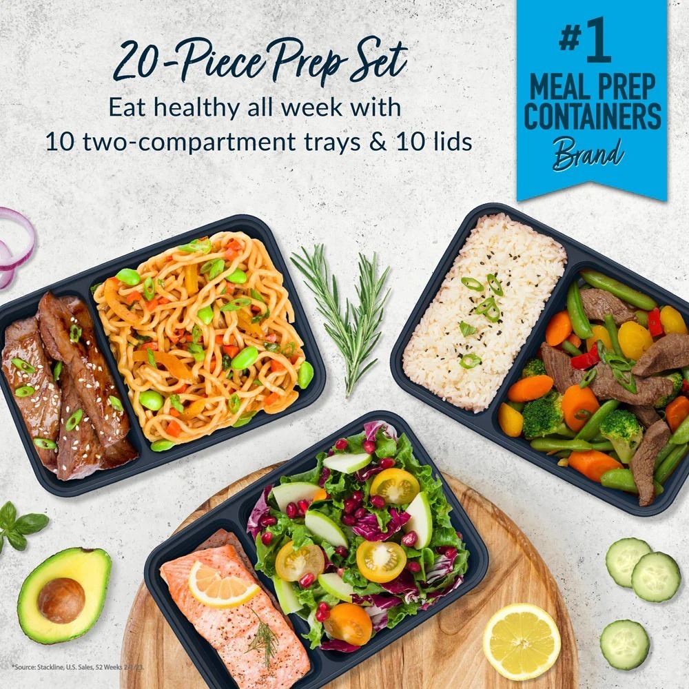 Bentgo® Prep 2-Compartment Containers - 20-Piece Meal Prep Kit - Midnight Blue
